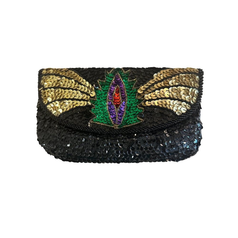 Vintage Bagoda Black Sequin Clutch With Beaded Strap & Peacock-Inspired Design